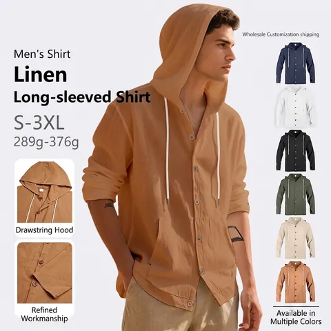 Men Linen Polyester Hooded Shirt Long Sleeve Button Down Loose Fit Drawstring Lightweight Solid Color Casual Beach Tops