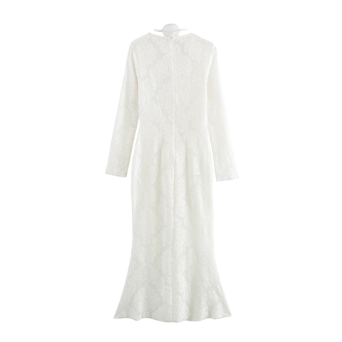 Elegant White Lace Jacquard V Neck Long Sleeve Mermaid Maxi Dress With Flower Choker Sexy Slim Fit Evening Gown