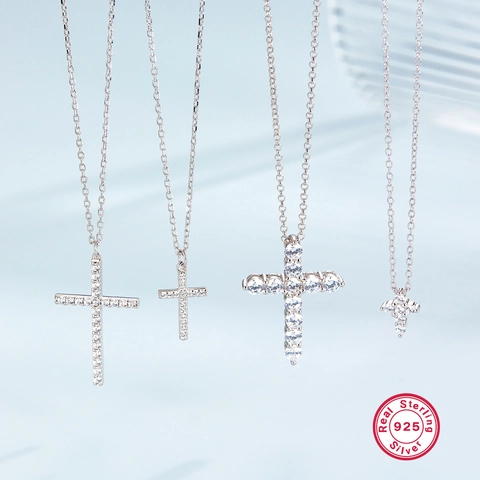 925 Sterling Silver Cross Pendant Necklace With Cubic Zirconia Dainty Layered Link Chain For Women Minimalist Jewelry