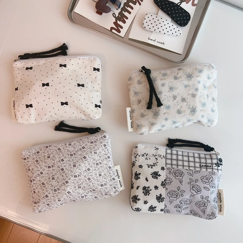 Cotton Floral Coin Purse Mini Zipper Storage Bag For Card Lipstick Earphone Portable Cute Bow Pattern