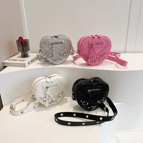 Heart Shaped Motorcycle Crossbody Bag For Women PU Leather Rivet Studded Y2K Punk Style Shoulder Bag With Adjustable Strap
