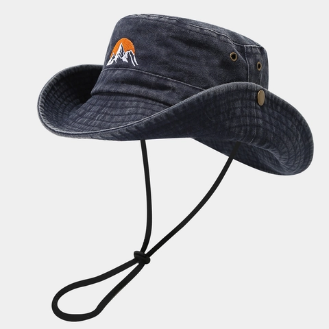 Outdoor Wide Brim Sun Hat Men Women Washed Cotton Boonie Hat With Mountain Embroidery Adjustable Drawstring Fishing Hat