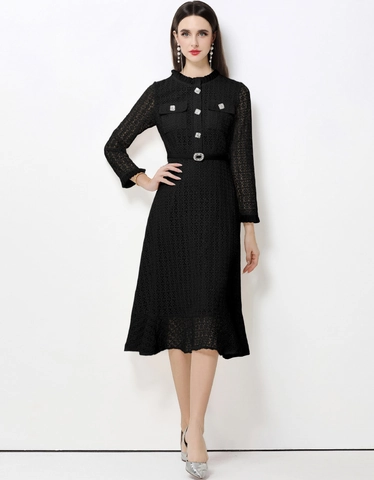Elegante Vestido Midi De Encaje Negro De Estilo Francés Manga Larga Cuello Alzado Ajuste Ceñido Con Cinturón Para Mujer