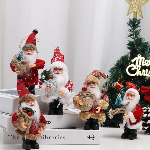 Standing Santa Claus Figurine Plush Fabric Plastic Christmas Decoration Desktop Hanging Ornament Cartoon Holiday Decor