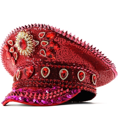 Gorra Militar De Capitán Con Lentejuelas Rojas Piedras Preciosas Y Pinchos Metálicos Para Actuación Escénica Cosplay Estilo Punk