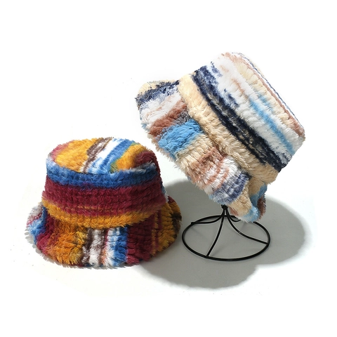 Chapeau Bob En Fausse Fourrure À Rayures Colorées Hiver Chaud Accessoire De Mode Pour Femmes