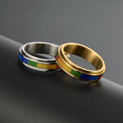 Rotatable Rainbow Spinner Ring Titanium Steel Anti Anxiety Pride Band Jewelry Unisex