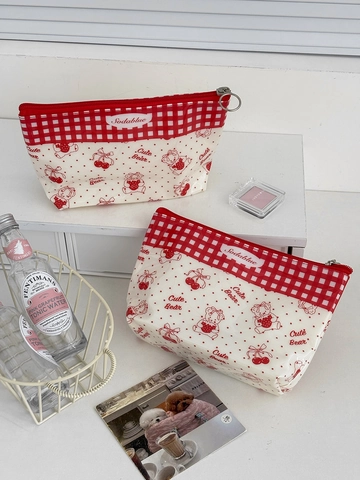 Wasserdichte PVC Make-Up Tasche Rot Gingham Süßer Bär Kirschdruck Kosmetik Aufbewahrungstasche Reise Toilettenartikel Organizer