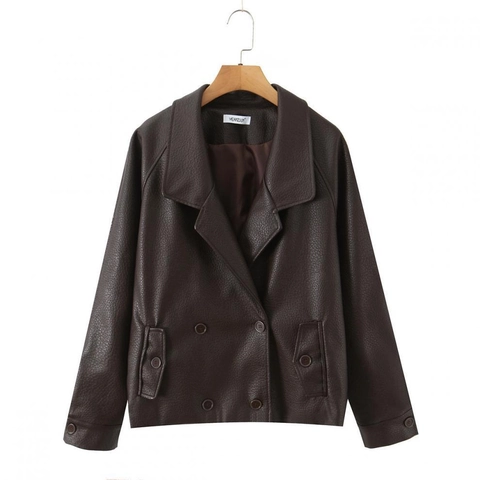 Women PU Leather Jacket Double Breasted Loose Fit Lapel Collar Long Sleeve Vintage Casual Streetwear Polyester Blend