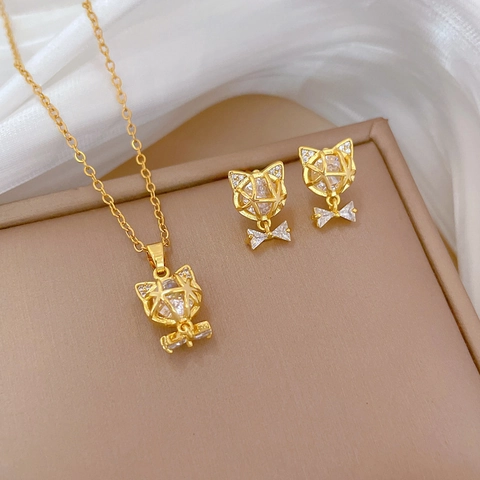 Collana E Orecchini Gatto Fiocco Gioielli Con Perno In Argento Zircone Acciaio Al Titanio Donne Elegante Accessorio
