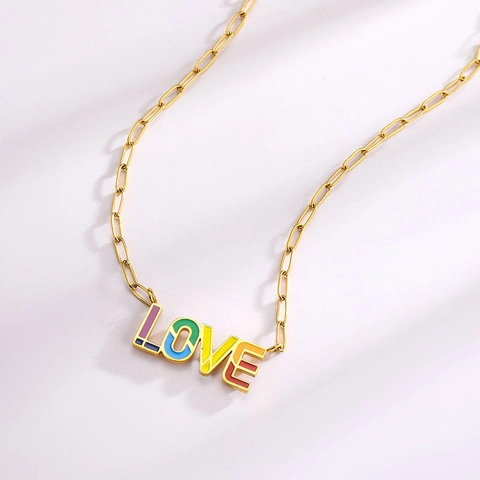 Collar De Acero Inoxidable Colgante Letra LOVE Esmalte Arcoíris Cadena De Clip Joyería De Moda Mujer Chapado En Oro