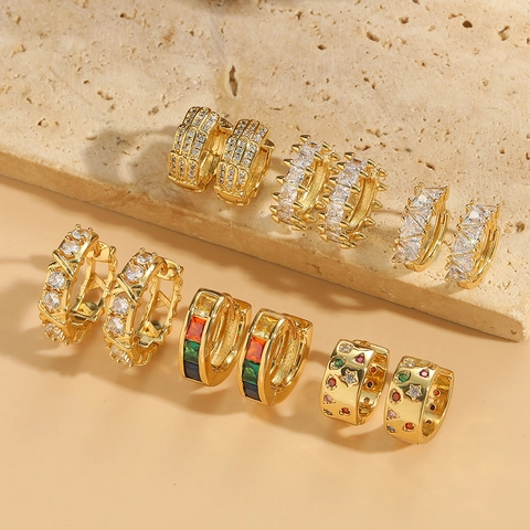 Vintage French Style Huggie Hoop Earrings Gold Plated Copper With Cubic Zirconia Geometric Hollow Jewelry For Women