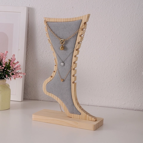 Necklace Display Stand Wood Foot Shaped Jewelry Organizer Rack With Velvet Surface Side Notches Countertop Showcase
