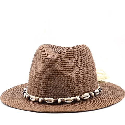 Women Straw Fedora Hat Bohemian Beach Sun Hat With Shells And Wooden Beads Wide Brim Breathable Vacation Panama Style