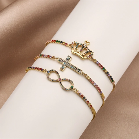 Braccialetto Regolabile in Rame con Strass per Donna Placcato Oro Colorato Infinito Corona Croce Ciondolo Bracciale Gioielli
