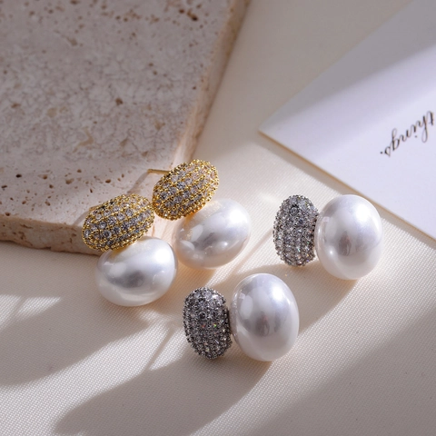 French Retro Oval Zircon Copper Artificial Pearl Stud Earrings For Women Elegant Fashion Jewelry