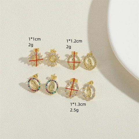 Virgin Mary Stud Earrings 14K Gold Plated Copper With Zircon Religious Vintage Style Jewelry For Women