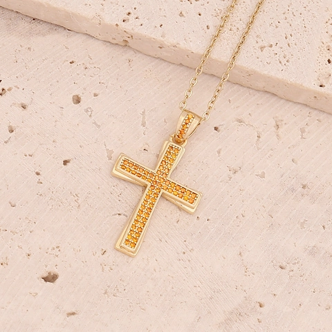 Collana Con Ciondolo A Croce Hip-Hop Micro Pavé Zircone Colorato Rame Placcato Oro 18K Gioielli Di Tendenza