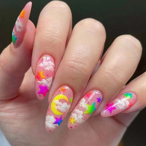Press On Nails Amandelvorm Doorschijnend Roze Wolk Maan Sterren Patroon Regenboog Glitter Zoete Dromerige Stijl Kunstnagels