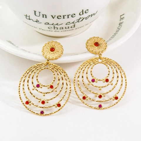 Boucles D'oreilles Créoles Rondes Multicouches Bohémiennes Acier Inoxydable Plaqué Or Pierre Naturelle Zircon Bijoux Rétro Pour Femmes