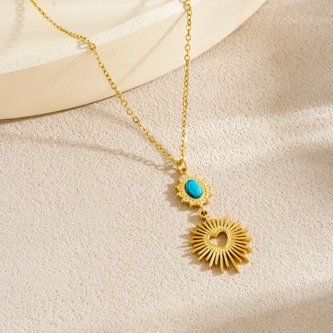 Vintage Sunburst Jewelry Stainless Steel Turquoise Necklace Earrings Ring Heart Hollow Out Retro Women Accessory