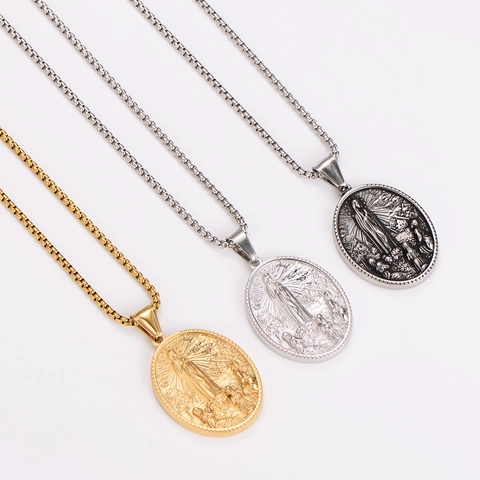 Collier Pendentif Vierge Marie Notre Dame De Fatima Relief Ovale Vintage Acier Inoxydable 304 Bijoux Religieux