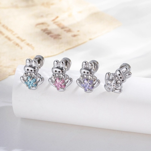 Süßer Hase Bunny Stern Zirkon Knorpel Ohrring Stecker Titanstahl Kupfer Schraubverschluss Piercing Schmuck Für Damen