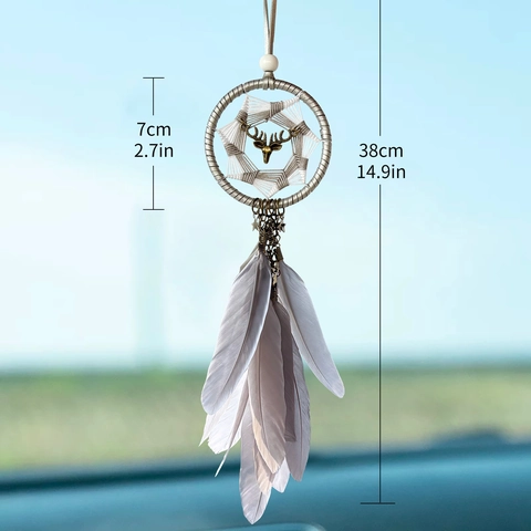 Dreamcatcher Car Hanging Ornament With Feather Alloy Deer Head And Crystal Stones Rearview Mirror Bohemian Decor