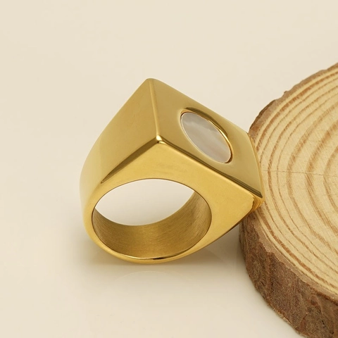 Square Signet Ring 18K Gold Plated Stainless Steel And Mother Of Artificial Pearl Chunky Polished Circular Shell Inlay Statement