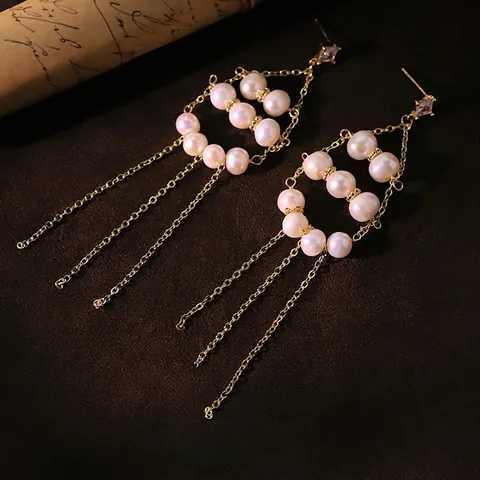 Artificial Pearl Tassel Drop Earrings With 925 Sterling Silver Earring Post Gold Plated Zircon Elegant Women Jewelry