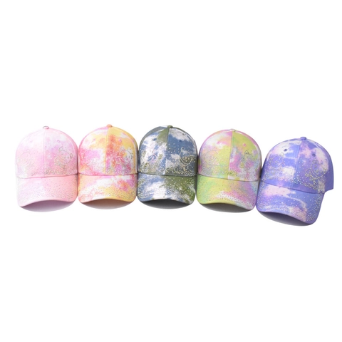 Tie Dye Cotton Baseball Cap With Rhinestone Cartoon Bear Pattern Adjustable Outdoor Sun Hat Fashion Casual