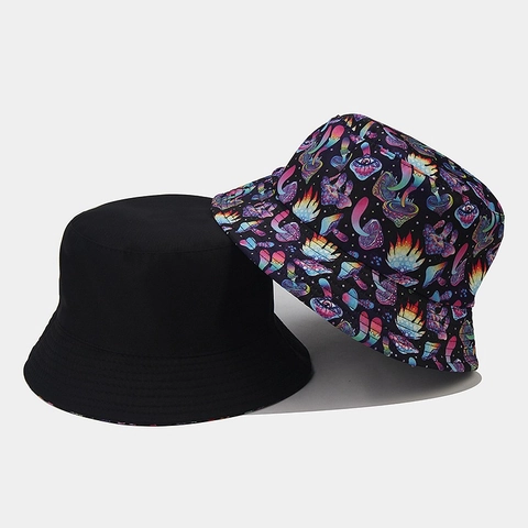 Wende Fischerhut Pilz Muster Psychedelischer Druck Polyester Atmungsaktiv Sonnenschutz Outdoor Streetwear Unisex