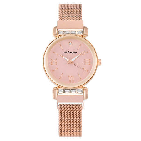 Fashion Women Starry Sky Quartz Watch With Milanese Magnetic Metal Mesh Strap Rhinestone Roman Numerals Ladies Mesh Band Wristwatch