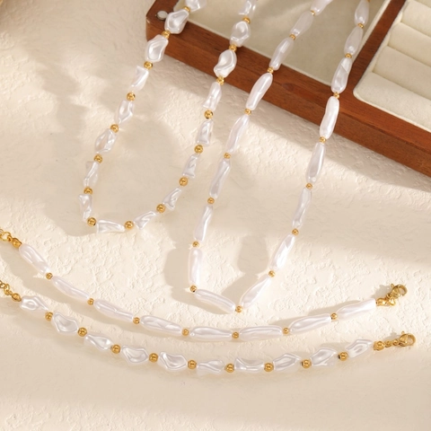 Irregular Baroque Imitation Artificial Pearl Necklace And Bracelet Jewelry Set With Gold Colored Beads For Women Chic Elegant Accessory