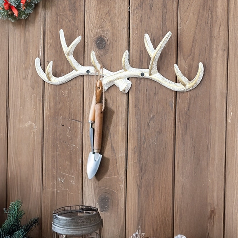 Vintage Antler Wall Mounted Hook Cast Iron Decorative Coat Rack Key Holder For Entryway Rustic American Style Home Decor
