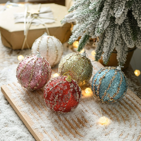 Palle Di Natale In Schiuma Con Glitter Paillettes E Perline Decorazione Appesa Brillante Righe A Griglia Per Albero Di Natale