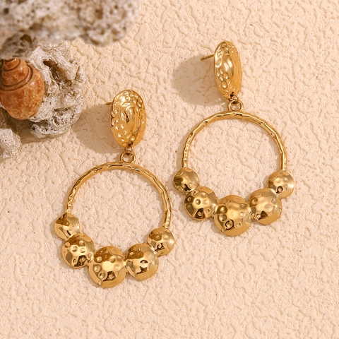 Orecchini A Cerchio Con Disco Rotondo Texture Martellata Acciaio Inossidabile Placcato Oro 18 Carati Stile Retro Geometrico Per Donne
