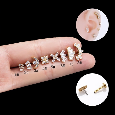 Boucle Oreille Cartilage Titane Labret Stud Piercing Zircon Géométrique Lune Étoile Bijoux Corps Hypoallergéniques Femmes Hommes