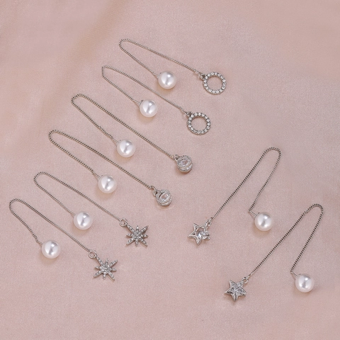 Pendientes de Hilo Largo de Aleación con Perlas Artificiales Estilo Coreano para Mujer Color Plata Strass Estrella Joyas Geométricas
