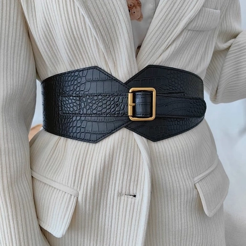 Cinturón de Corsé Retro para Mujer con Patrón de Cocodrilo Cintura Elástica Ancha de Cuero PU con Hebilla Cuadrada de Aleación para Vestidos Abrigos Accesorios de Moda