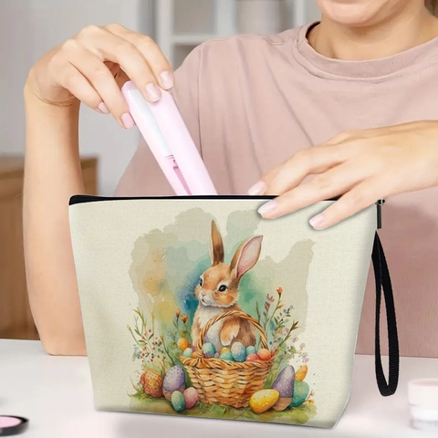 Trousse De Maquillage Lapin De Pâques Imitation Lin Pochette Cosmétique Avec Fermeture Éclair Dragonne Organisateur Voyage