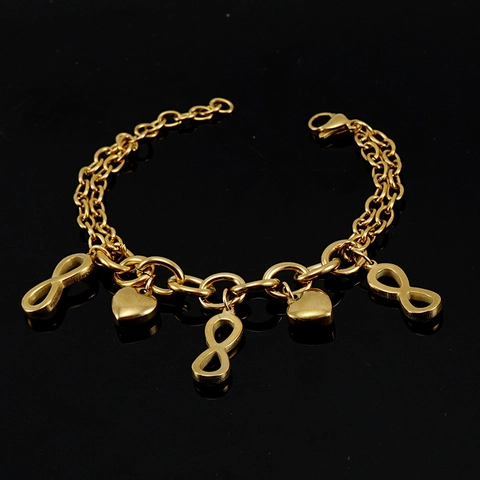 Fashion Heart Charm Bracelet 18K Gold Plated Stainless Steel Double Layer Mixed Chain Jewelry For Women Adjustable