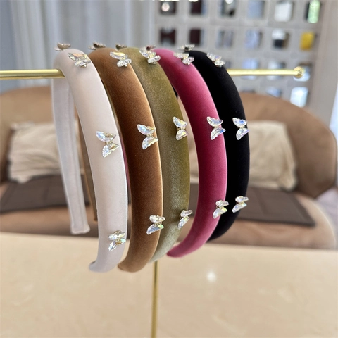 Franse Vintage Fluweel Gepolsterde Haarband Met Strass Vlinder Elegant Effen Kleur Handgemaakt Haaraccessoires Voor Vrouwen