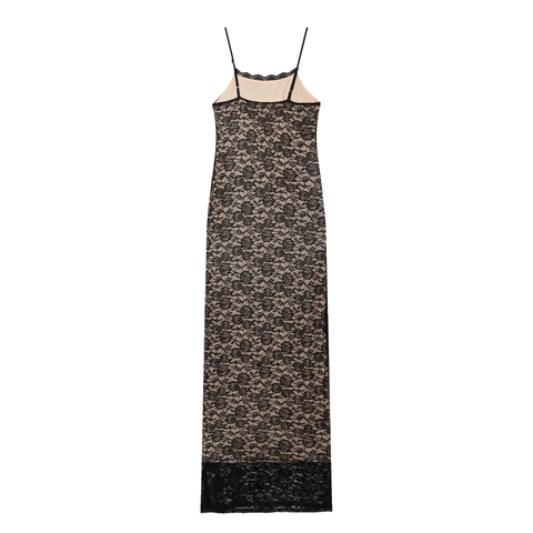 Sexy Spitze Maxi Kleid Spaghettiträger Ärmellos Slim Fit Hohe Taille U-Ausschnitt Floral Mesh Elegantes Langes Damenkleid