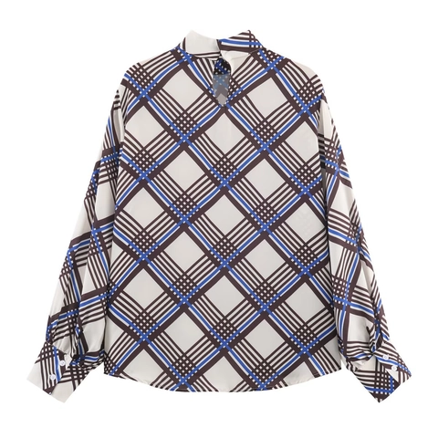 Damen Karierte Bluse Stehkragen Langarm Elegant Chiffon Hemd Lässig Vintage Oberteil Knopf Hinten Mode