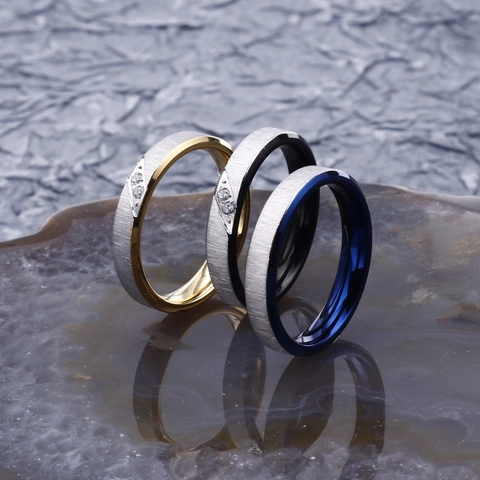 Minimalist Stainless Steel Ring Zircon Inlaid Brushed Texture Electroplated Two Tone Band Unisex Jewelry Accessories
