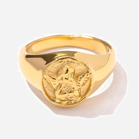Vintage Angel Signet Ring 18K Gold Plated Stainless Steel Embossed Round Relief Jewelry For Women