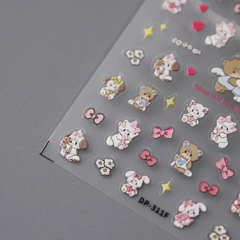 Pegatinas De Uñas Relieve 5D Auto Adhesivo PET Dibujos Animados Oso Conejo Lazo Kawaii Decoración Uñas DIY
