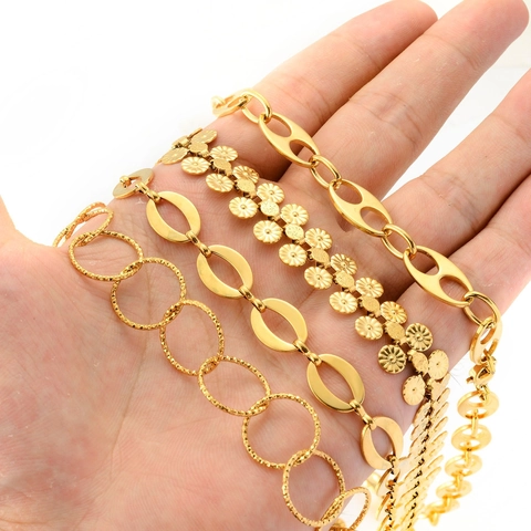 Stainless Steel DIY Jewelry Making Chains Gold Plated Flat Oval Daisy Flower Textured Hollow Semi Finished Bracelet Necklace Links