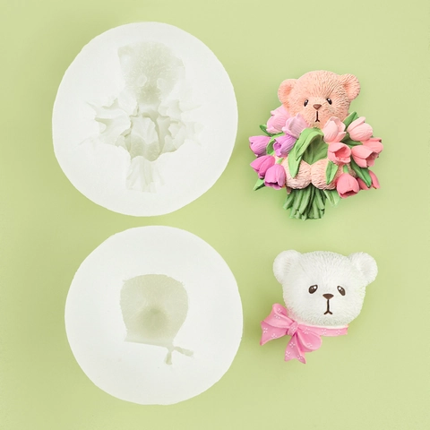 Stampo In Silicone Orsetto Con Bouquet Di Tulipani Testa Di Orso Fiocco DIY Resina Gesso Cioccolato Decorazione Torta